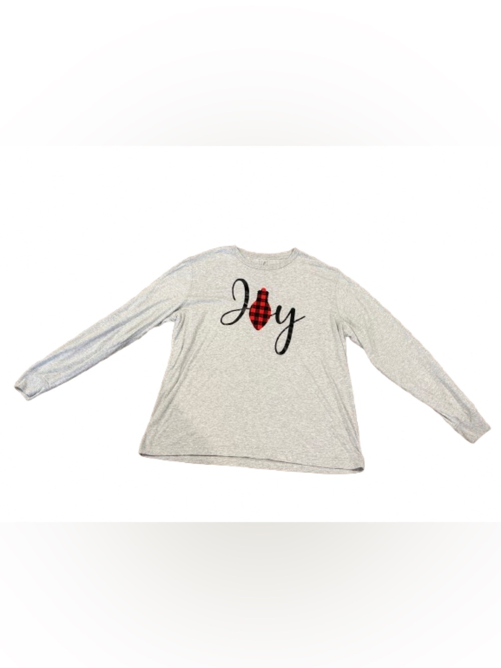 George Men’s Gray Long-Sleeve Tee with Red Plaid Heart “Joy” Size Extra Large